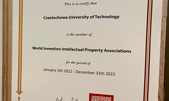 Dyplom dla Politechniki Częstochowskiej potwierdzający przyjęcie do grona Światowego Stowarzyszenia Własności Intelektualnej i Wynalazków (WIIPA - World Invention Intellectual Property Associations).